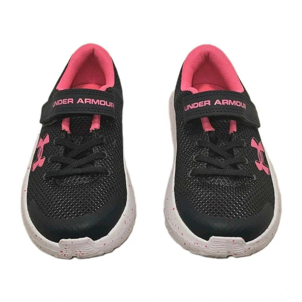 Under Armour Kids Running Shoes Black Pink Hook & Loop Sneakers Size 1Y EUC